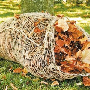 leaves collected in string sack ready for mulch