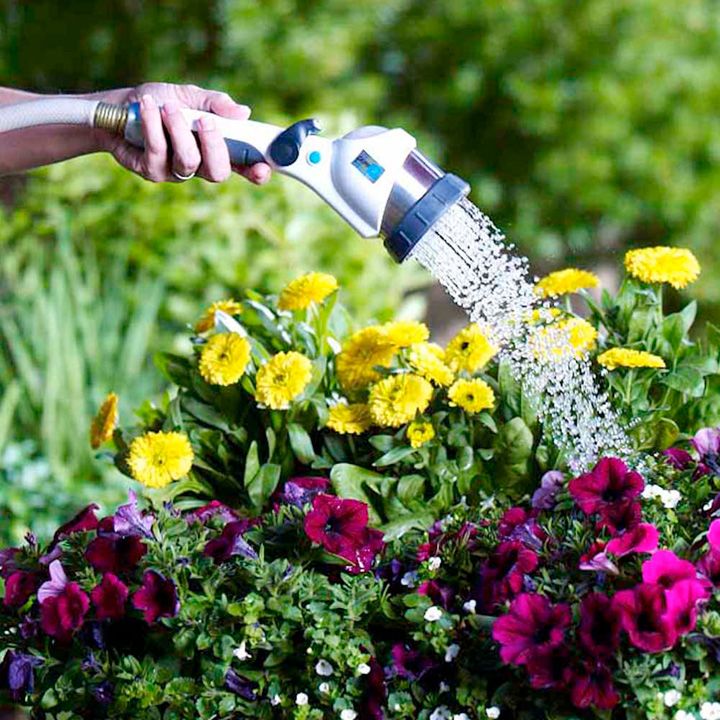 watering flowers using a hose