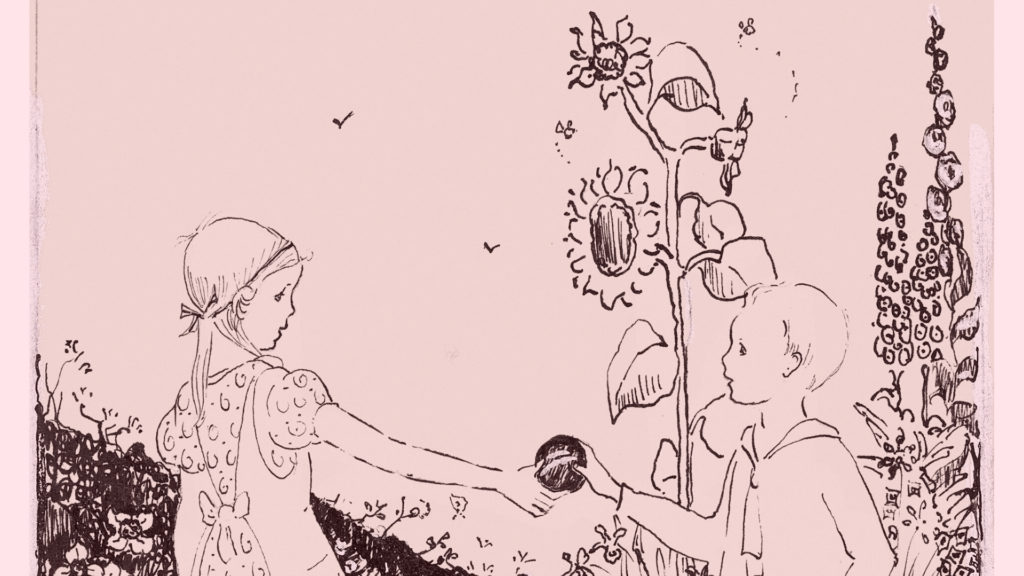 drawing of children and sunflowers.