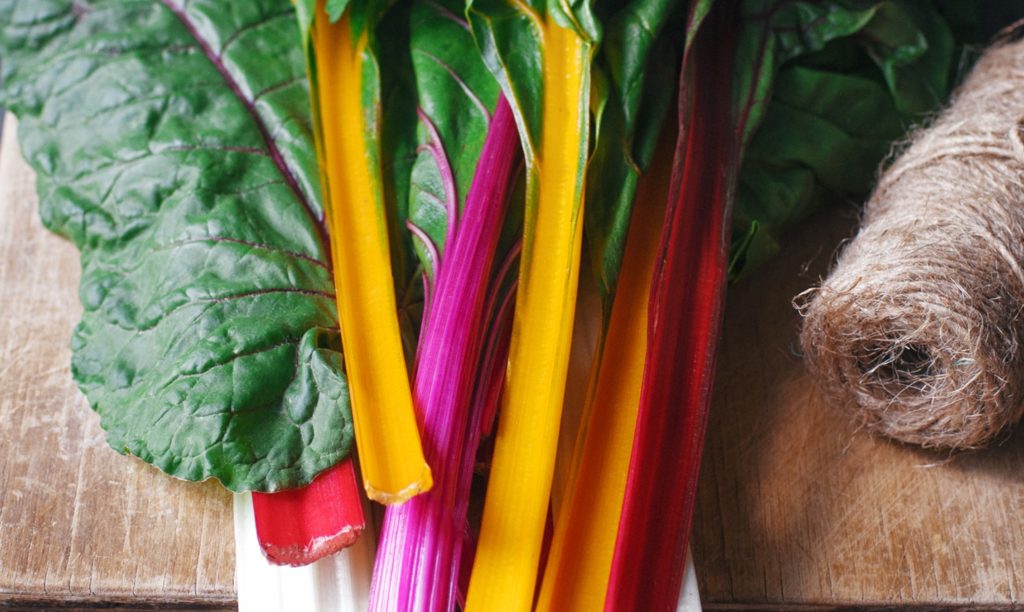 Harvested multicoloured stems of ‘Rainbow’ Chard seeds from Suttons