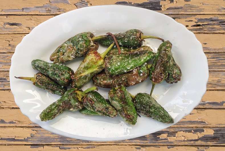 Grilled and fried padron peppers in white bowl