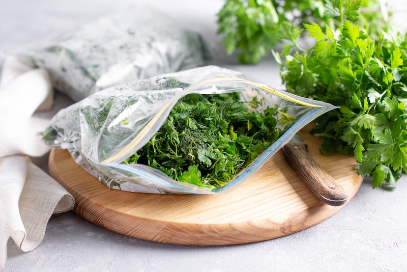 Frozen parsley in bags