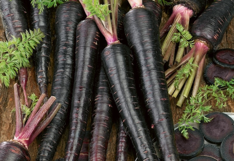 Black coloured carrots on table