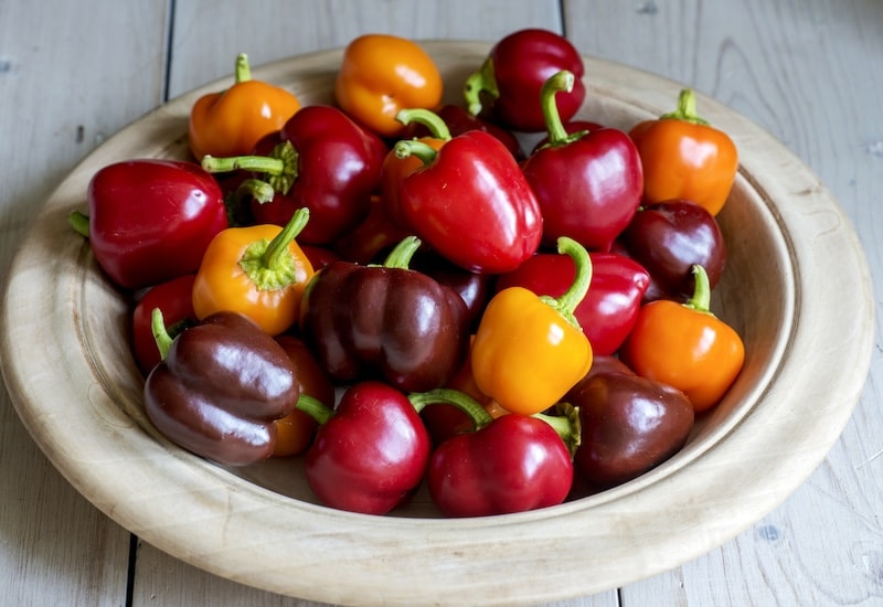 Wooden bowl containing different coloured mini peppers