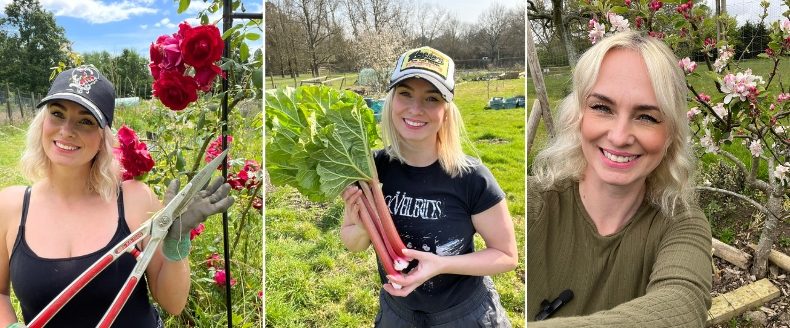 Nikki Jones showcasing homegrown carrots and pruning red flowers. 