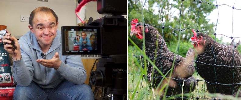 Alex Smith creating video content about compost and 2 chickens in a coop.