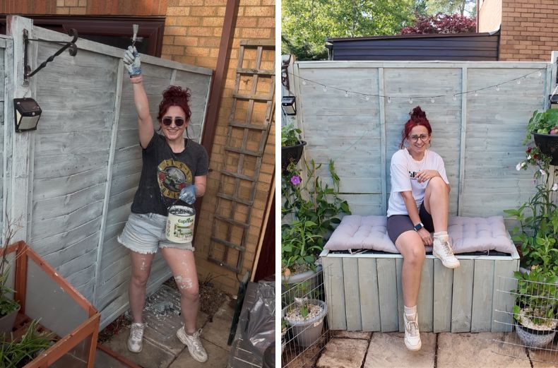 Stefs upcycled seating area and matching painted fence 