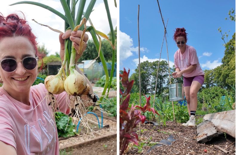 Stef growing onions and watering her allotment 