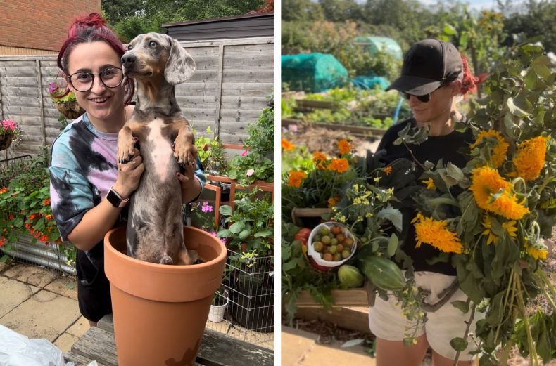 Stef with her dog Otis, homegrown crops and flowers
