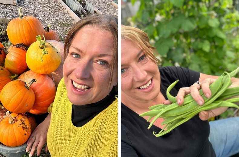 Pile of homegrown pumpkins and a handful of fresh runner beans.