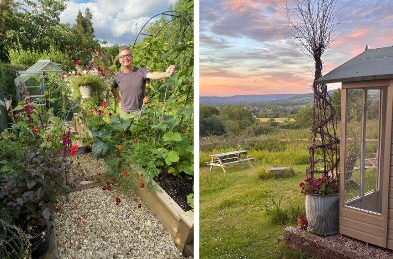 Split image showing a gardener standing in a lush vegetable patch alongside a scenic sunset view over a countryside valley.