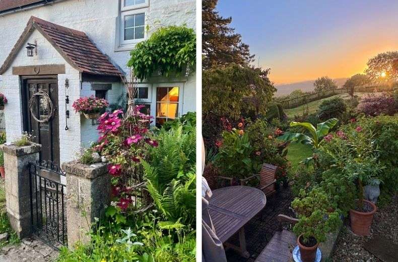 Split image showing a charming white cottage front door with climbing pink flowers and a back garden patio overlooking a sunset valley.