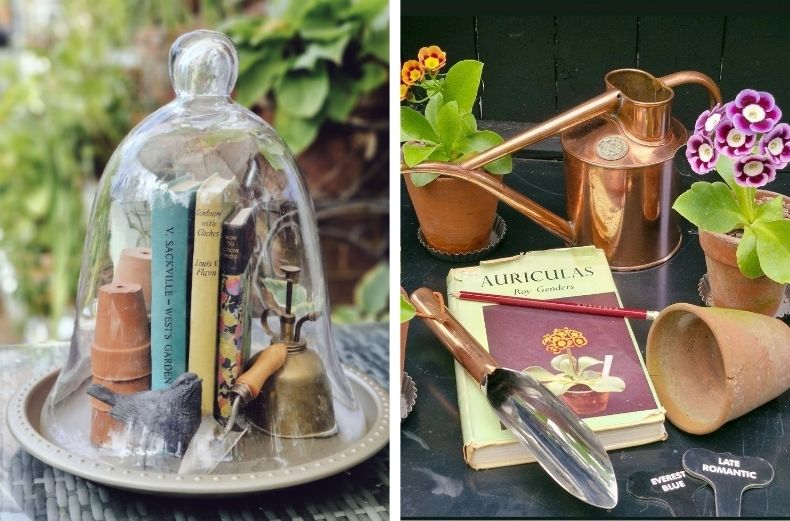 A two-panel collage featuring a vintage glass garden cloche filled with antique gardening books and tools on the left, and a copper watering can with potted auricula flowers and a gardening book on the right.