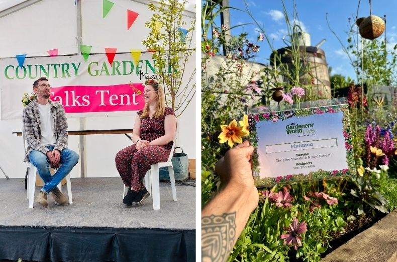 A gardener speaking at the Country Gardener Magazine talks tent, and holding a Gardeners' World Live platinum award.