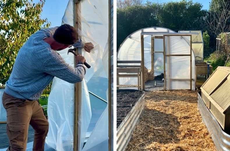 A gardener building a polytunnel, with the finished structure and mulched raised beds alongside.