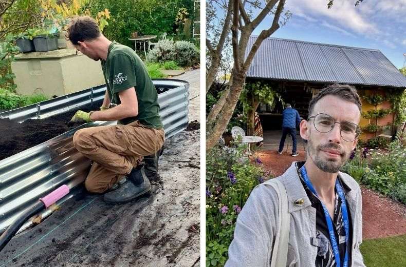 A gardener filling a metal raised bed with compost and visiting a garden show.