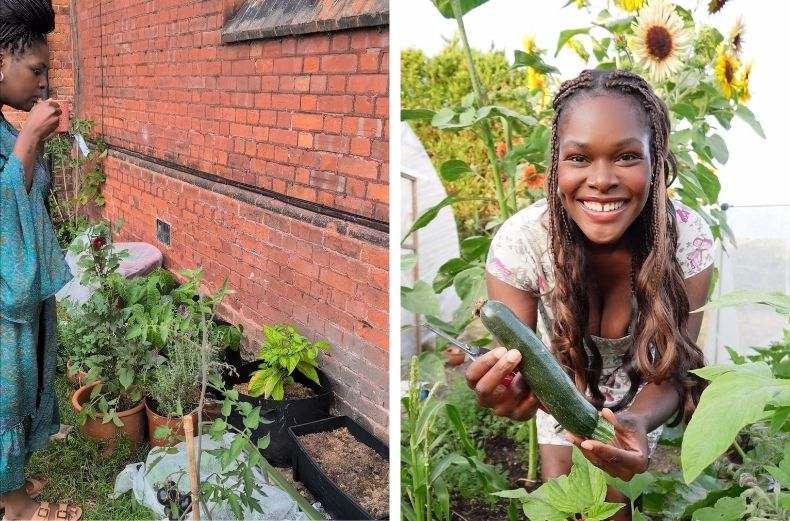 Woman smiling and holding a freshly picked courgette in garden, with sunflowers and potted vegetable plants growing nearby.
